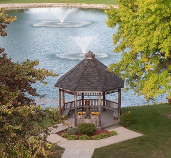 ariel photo of the pond and gazebo on campus